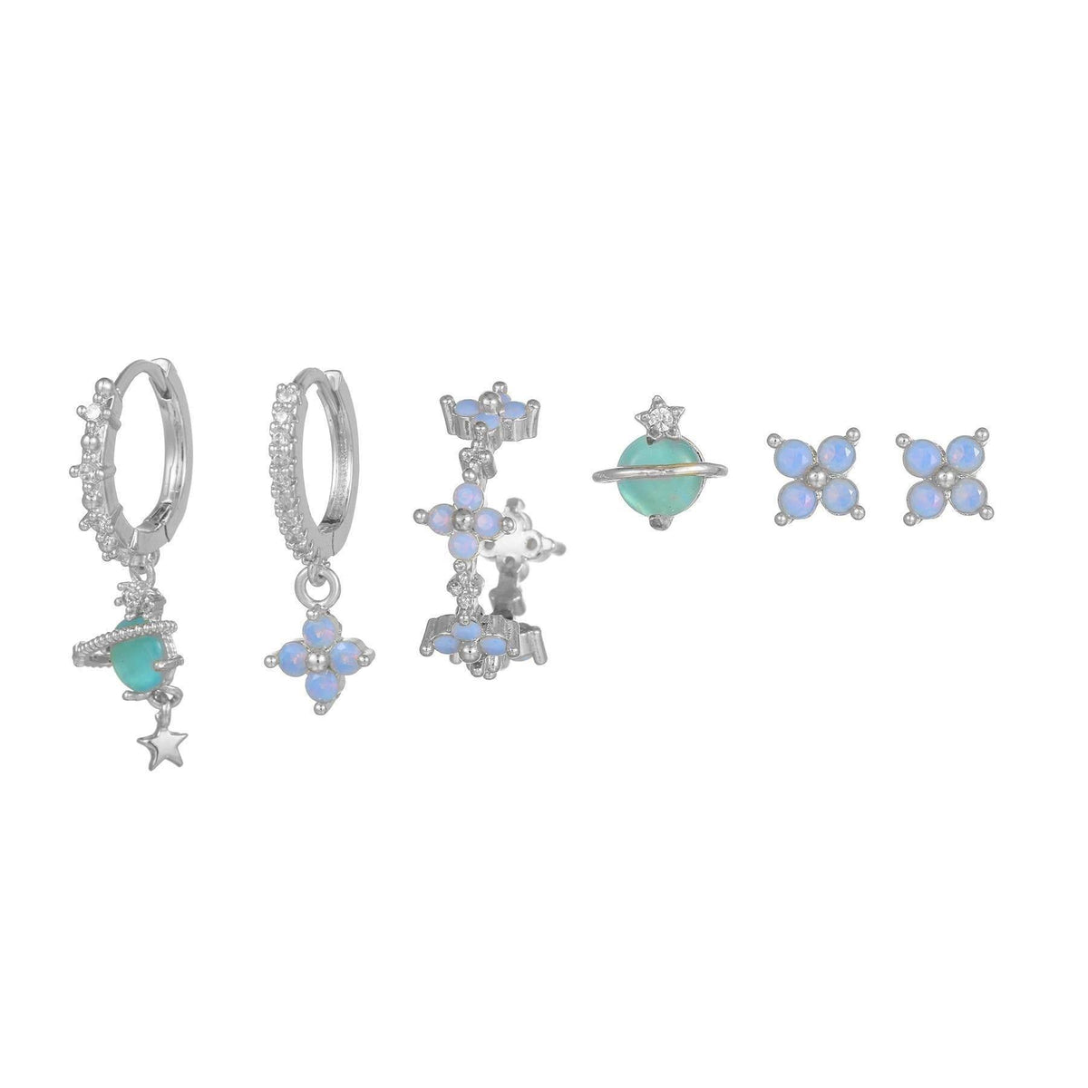 Multi Sets of Blue Flower Pierced Earrings, 4-6pcs, 18k Gold Plated Stud Drop Hoop Huggie Cuff Chain, S925 Needle