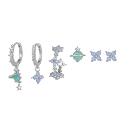 Multi Sets of Blue Flower Pierced Earrings, 4-6pcs, 18k Gold Plated Stud Drop Hoop Huggie Cuff Chain, S925 Needle