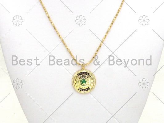 CZ Micro Pave Green Enamel Leaf  On Round Medallion Shape Pendant,18K Gold Filled Good Luck Charm, Necklace Bracelet Charm,25x28mm,Sku#LK380