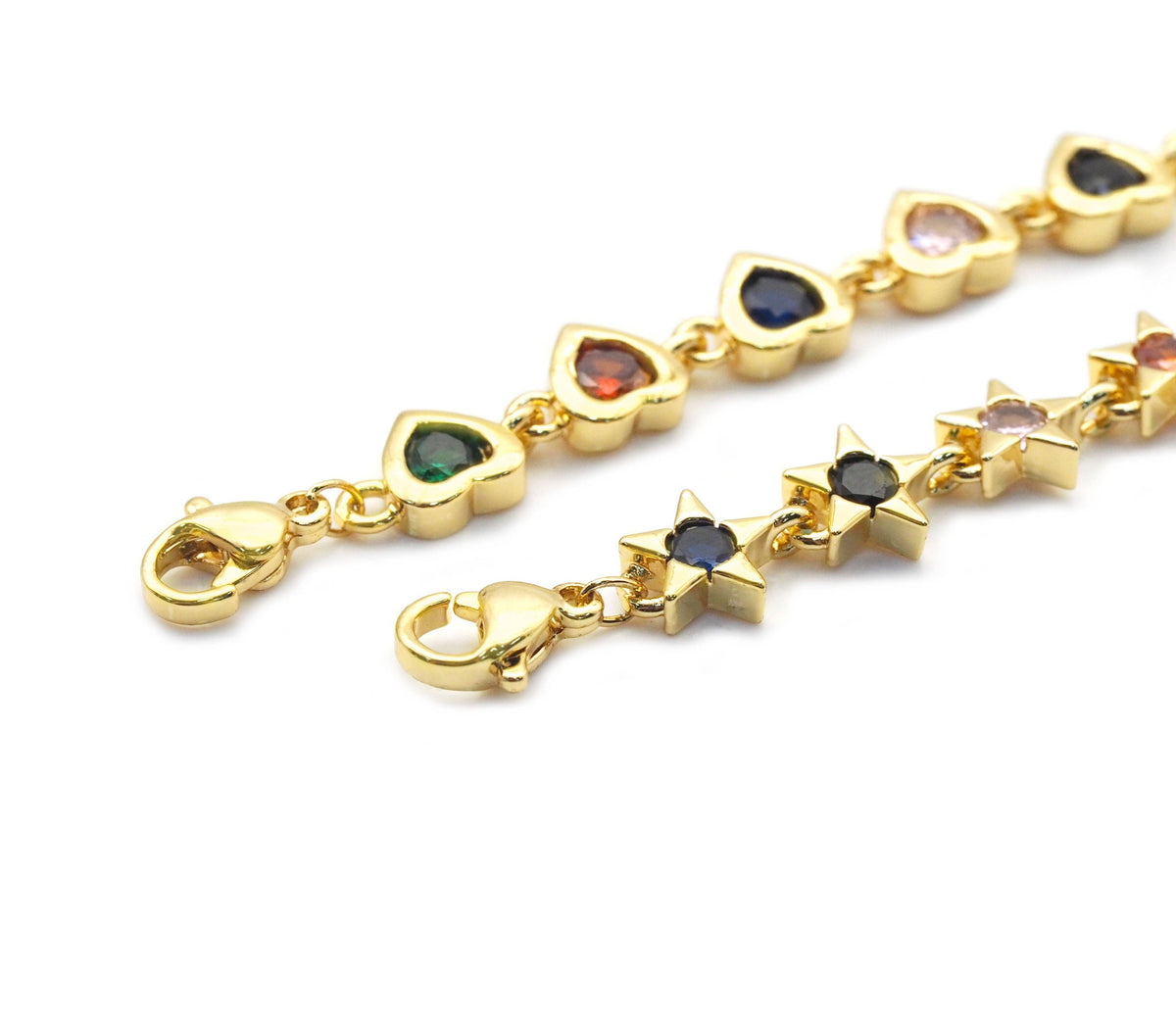 Colorful CZ Gold Star Heart Adjustable Bracelet, Sku#LD372
