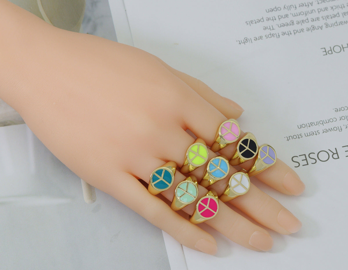 Enamel Peace Sign On Round Adjustable Ring, Sku#X325