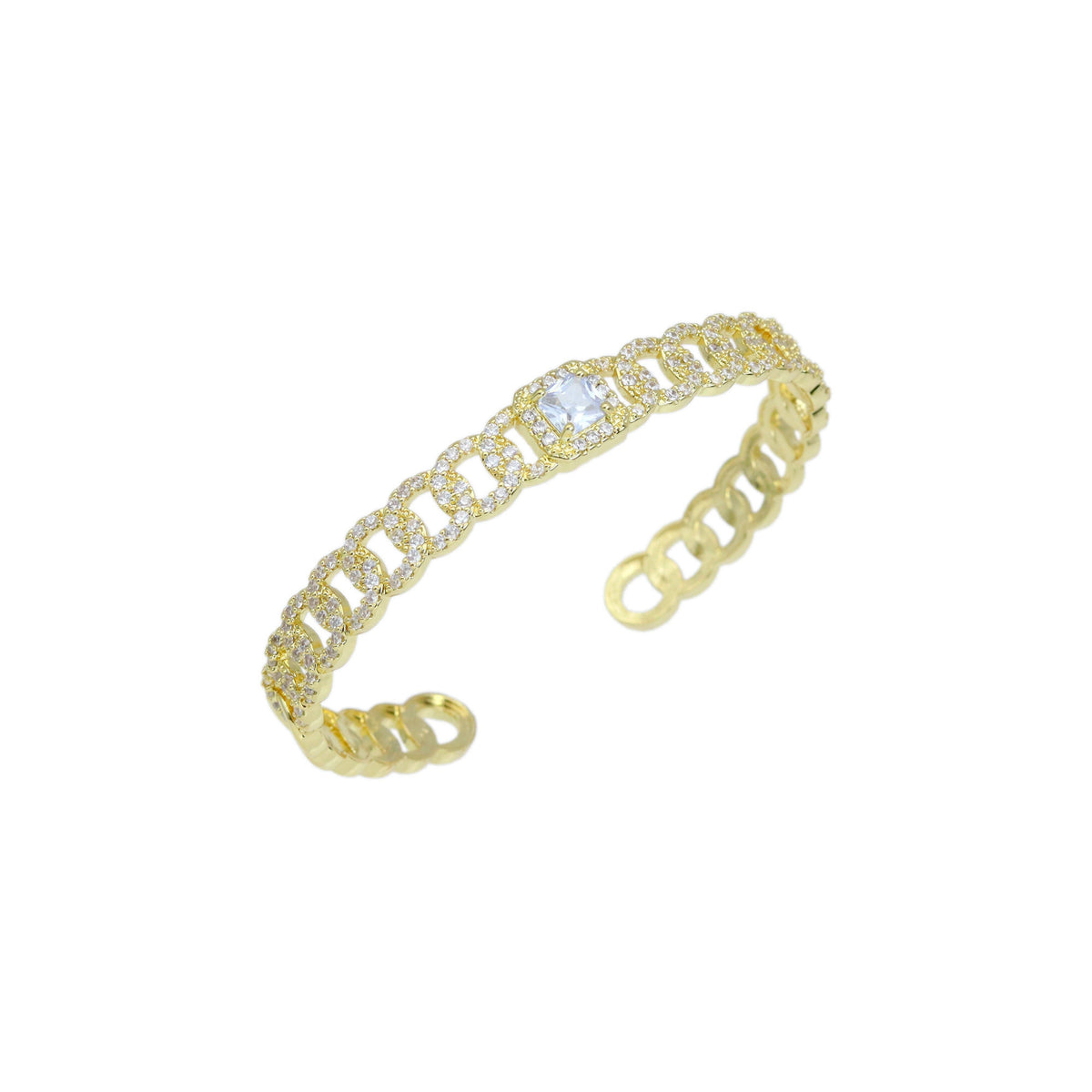 Clear CZ Oval Link Gold with Rectangle Diamond Bangle Bracelet, Sku#LD547
