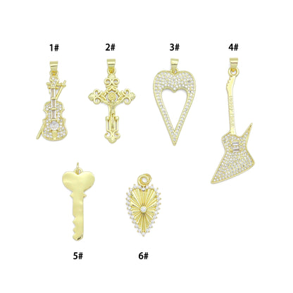Gold Violin Guitar Cross Heart Key Charm Pendant,Sku#LK1257