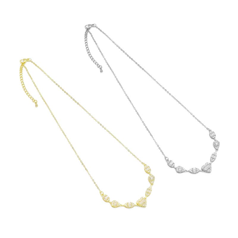 Gold Chain Baguette CZ Heart Connector Pendant Necklace, Sku#A210