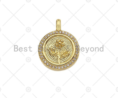 CZ Micro Pave Rose Flower On Coin Shape Pendant/Charm,18K Dianty Gold Medallion Charm, Necklace Bracelet Charm Pendant,15x19mm, Sku#LK251