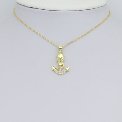CZ Gold Skull On Anchor Charm Pendant, Sku#LK1167