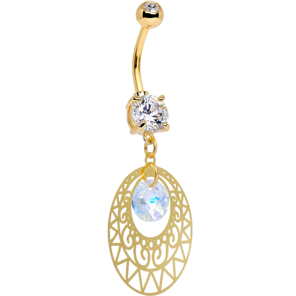 Handcrafted Anodized Ovid Filigree Dangle Belly Ring Created with Crystals