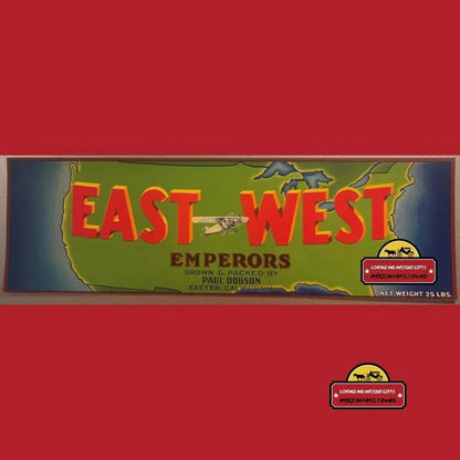 Vintage East West Emperors Grape Crate Label Paul Dobson Exeter California Lithograph Monoplane Airplane Map USA 🍎