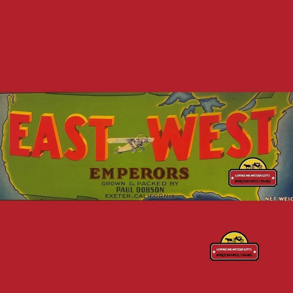 Vintage East West Emperors Grape Crate Label Paul Dobson Exeter California Lithograph Monoplane Airplane Map USA 🍎