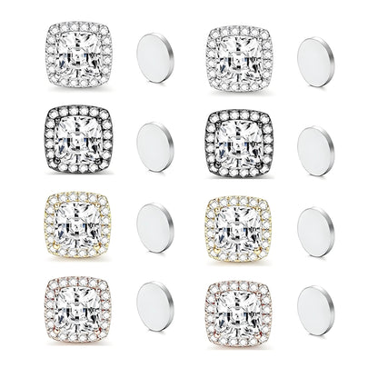 Magnetic CZ Square Halo Stud Earrings for Men Women, Non-Piercing Clip On Studs, Square Cubic Zirconia Stainless Steel