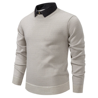 Mens Faux Two-piece Base-layer Knit Casual Shirt-collar Sweater