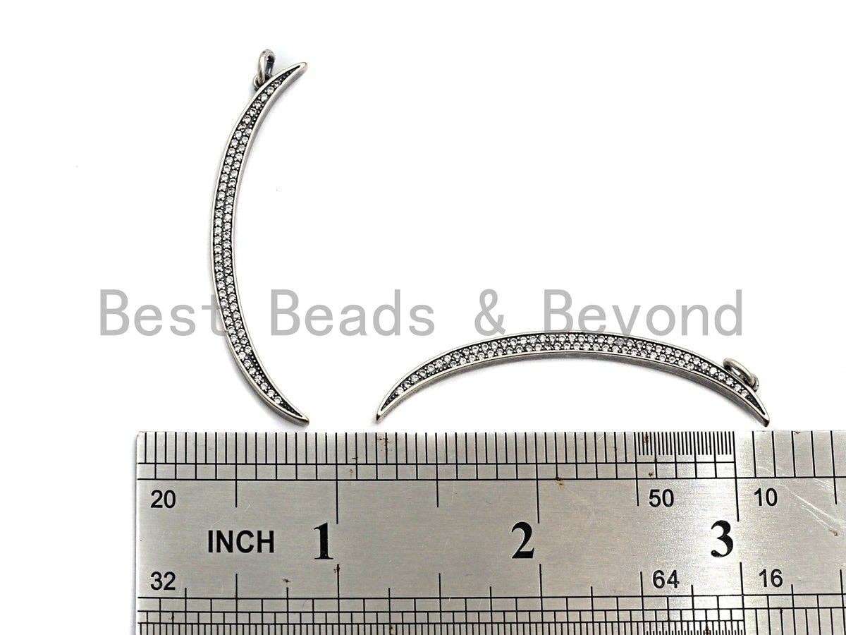 Oxidized Silver CZ Micro Pave Crescent Moon Shaped Pendant/Charm, Antique Silver Thin Moon, Cubic Zirconia Pendant Charm, 3x49mm,sku#X122