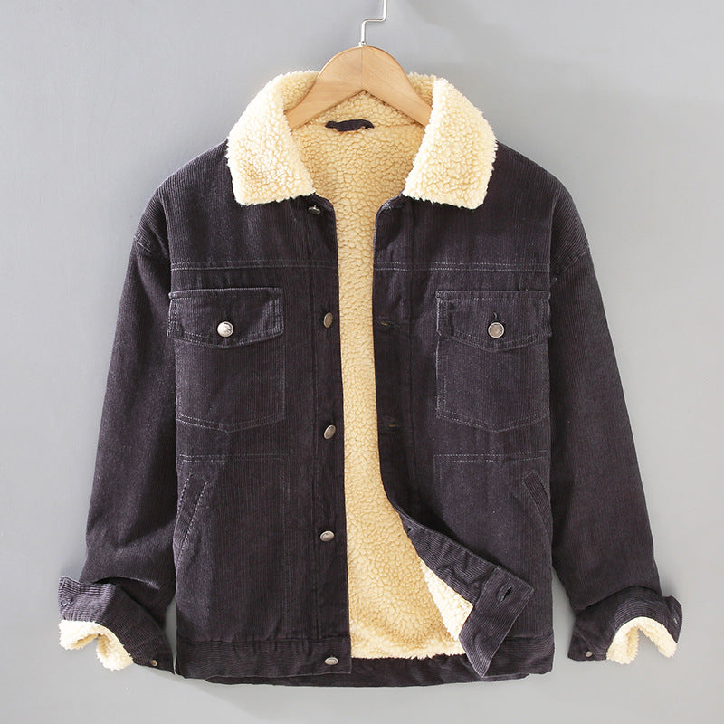 Men's Corduroy Workwear American Retro Lapels Jacket Heavy Imitation Lamb Wool Thickened Cotton-padded Coat