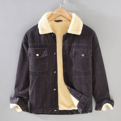 Men's Corduroy Workwear American Retro Lapels Jacket Heavy Imitation Lamb Wool Thickened Cotton-padded Coat
