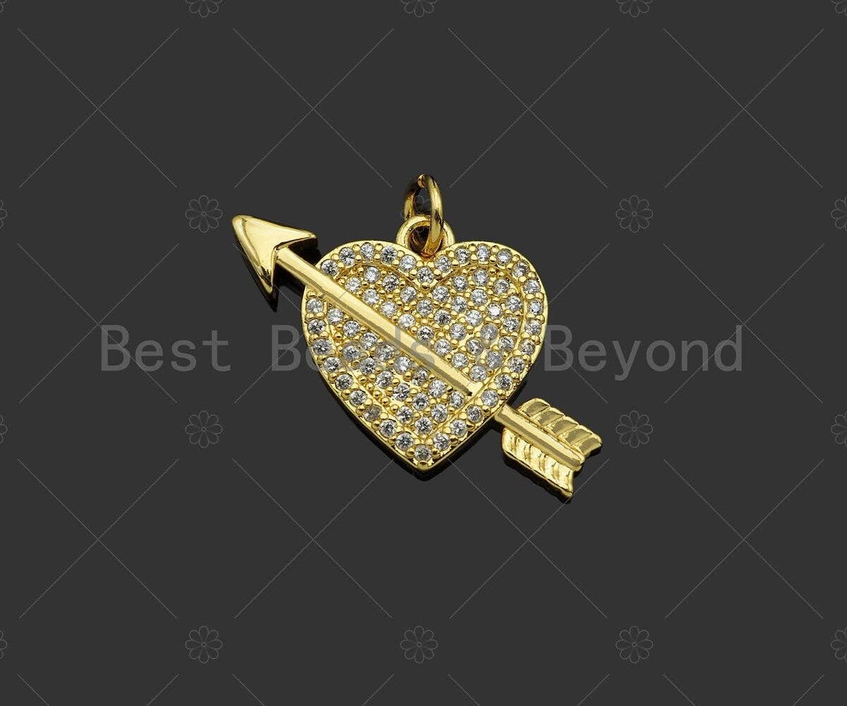 CZ Micro Pave Cupid Arrow On Heart Shape Pendant,Cubic Zirconia Dainty Gold Charm, Necklace Bracelet Charm Pendant,25x18mm, Sku#LK271