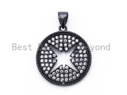 CZ Micro Pave Hollow Star Round Pendant/Charm, Cubic Zirconia Pendant, 18mm, F106