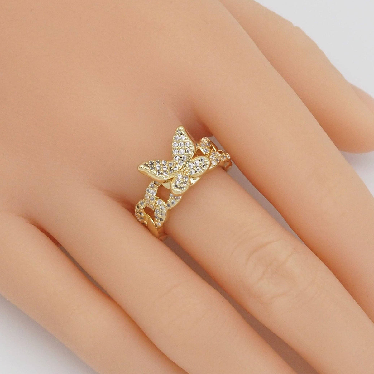 Gold CZ Butterfly On Cuban Link Adjustable Ring, Sku#LD430
