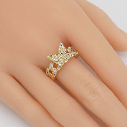 Gold CZ Butterfly On Cuban Link Adjustable Ring, Sku#LD430