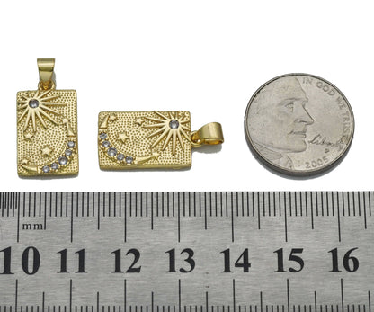 CZ Gold Sun Cresent Moon Star Rectangle Dog Tag Charm, Sku#LK762