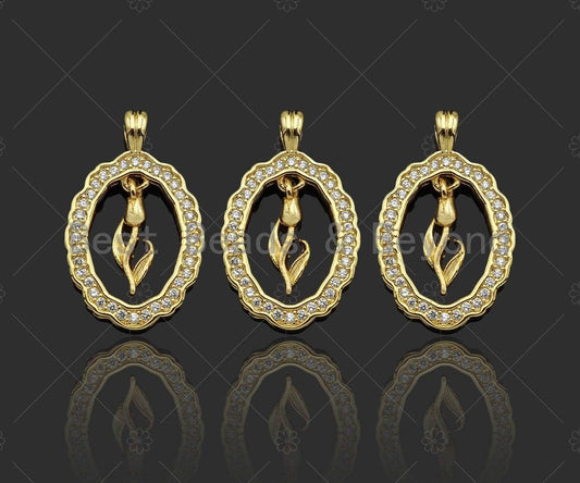CZ Micro Pave Flower On Oval Shape Pendant/Charm,Cubic Zirconia Dangle Flower Charm, Necklace Bracelet Charm Pendant,15x24mm, Sku#LK270