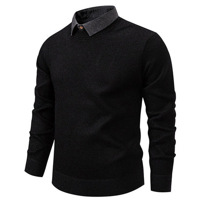 Mens Faux Two-piece Base-layer Knit Casual Shirt-collar Sweater