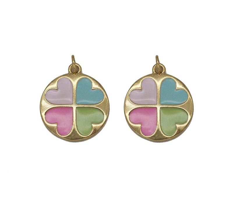 Gold CZ Enamel Colorful Heart Round Charm, Sku#LK696