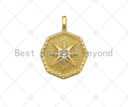 Big CZ Micro Pave North Star On Octagon Shape Pendant/Charm,Dainty Gold/Silver Charm, Necklace Bracelet Charm Pendant,19x25mm, Sku#B127