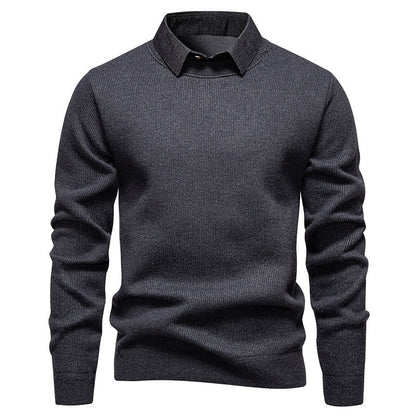 Mens Faux Two-piece Base-layer Knit Casual Shirt-collar Sweater