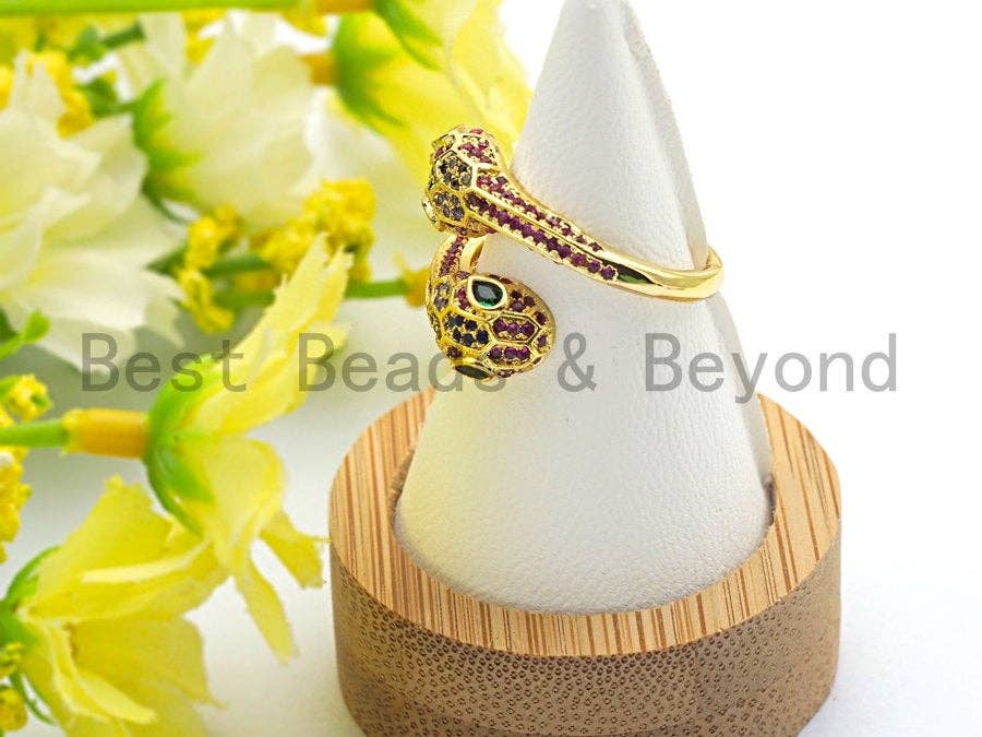 Colorful CZ Micro Pave Two Heads Snake Wrap Spiral Ring, Cubic Zirconia Gold Ring, Adjustable Ring, Open Ring 15x23x17mm,sku#X67
