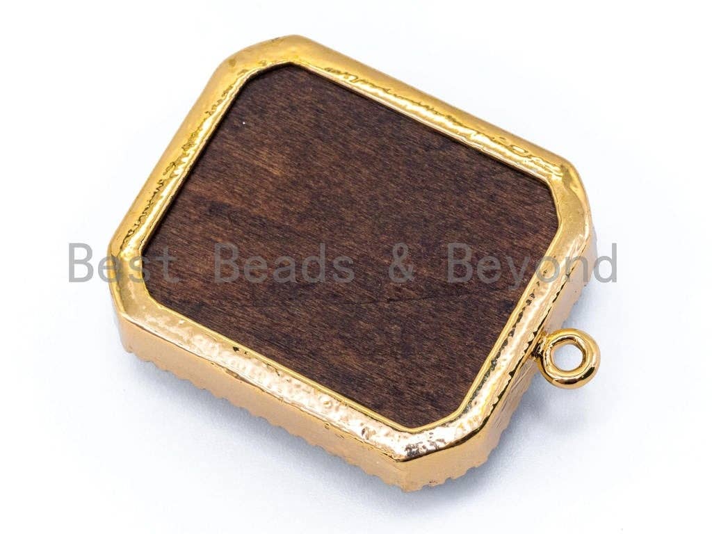 CZ Micro Pave Flowers on Wood Emerald Cut Square Pendant, 29x39mm,sku#B51