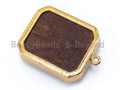 CZ Micro Pave Flowers on Wood Emerald Cut Square Pendant, 29x39mm,sku#B51