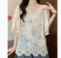 Womens Fashion Embroidered Hollow Lace Short-Sleeve Shirt