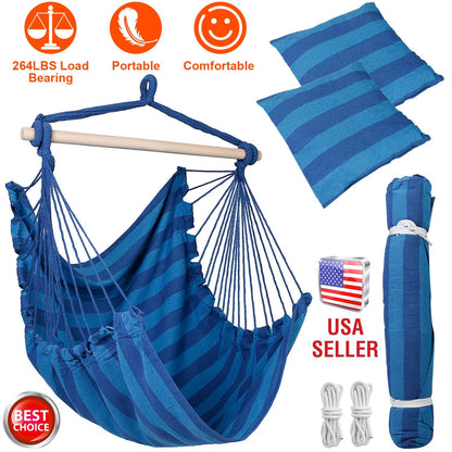 Hammock Hanging Chair Canvas Porch Patio Swing Seat Portable Camping Rope Seat Wooden Stick Hammock Chair with 2 Pillows 265LBS Load-bearing