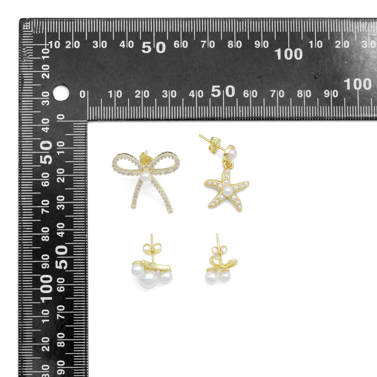 White Pearl Gold Bowknot Star Fish Stud Earring,Sku#LD747