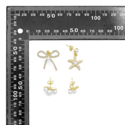 White Pearl Gold Bowknot Star Fish Stud Earring,Sku#LD747