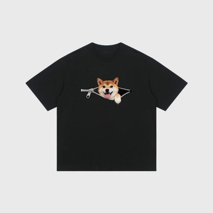Plus-size Cotton Zip-up Dog-print Casual Summer Couple T-shirts