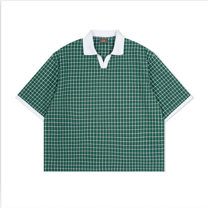 Mens Summer Thin Color-Block Plaid Lapel Short-Sleeve Shirt