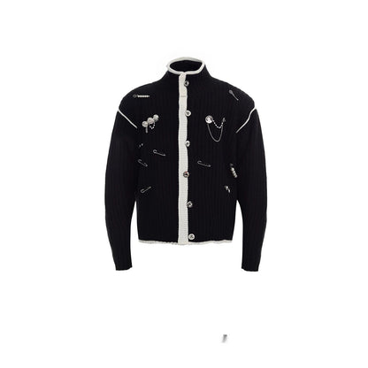 Stand-collar Contrast-color Metal-badge Knitted Cardigan Sweater