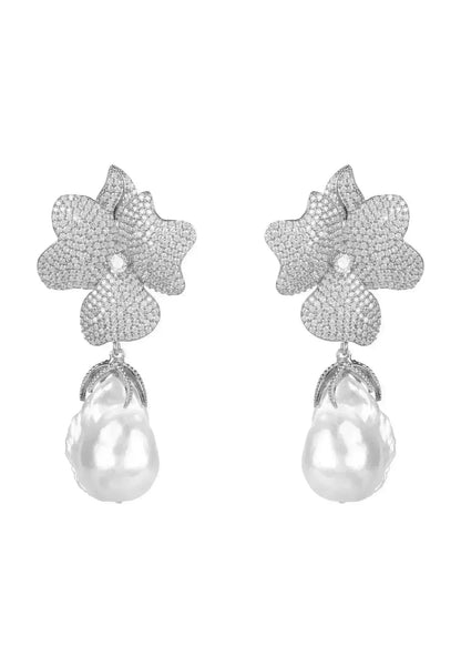 Baroque Pearl Flower Drop Earrings | Wedding Sterling Silver - Femstylo