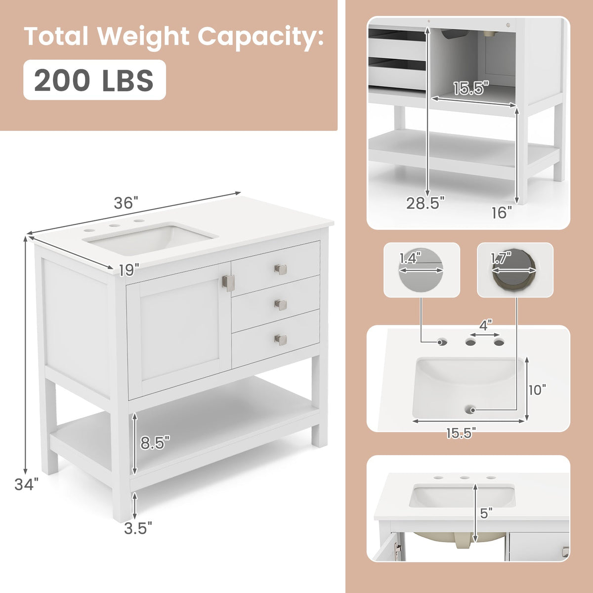 Freestanding Bathroom Vanity Unit with Basin Floor Storage Cabinet-White