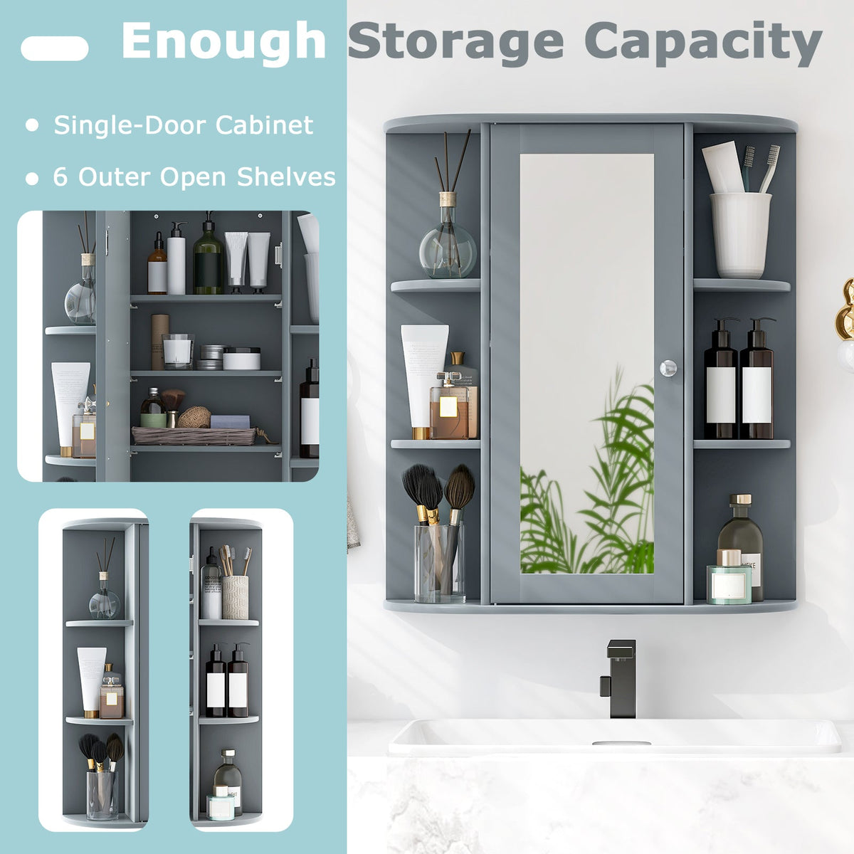 Mirrored Bathroom Medicine Cabinet with Single Mirror Door and Adjustable Shelf