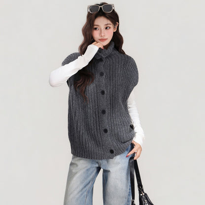 Grey Lapel Knitted Vest Sweater Warm Coat Women's Autumn And Winter Innerwear Top