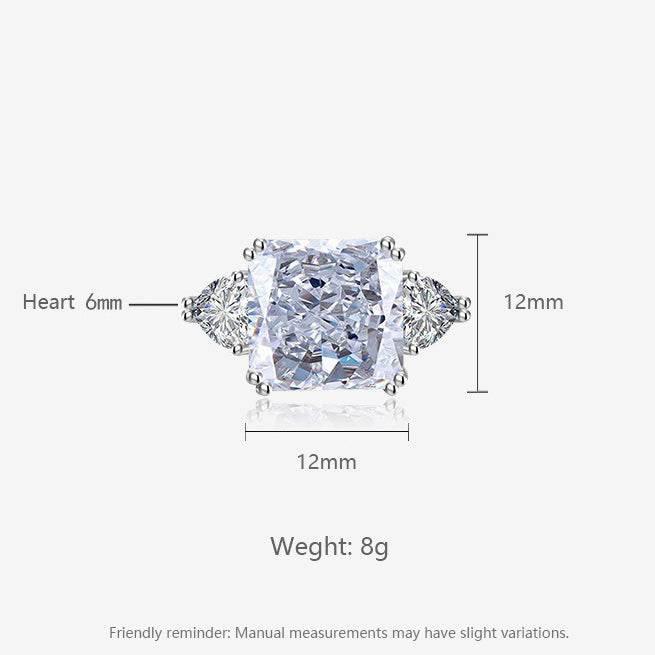 Multicolor Ice Flower Cut Square CZ Adjustable Ring, Blue & Green 12*12mm 8A Main Cubic Zirconia, Two Heart Side CZ, Dainty Luxe