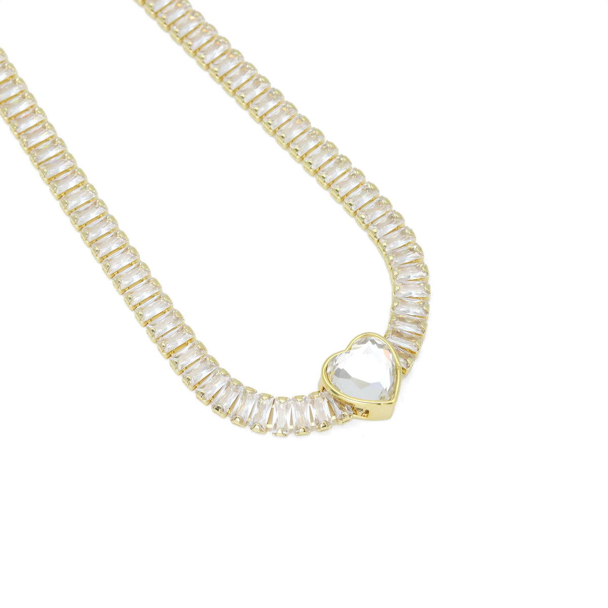 Baguette CZ Tennis Chain Removable Heart Center Necklace, Sku#A383