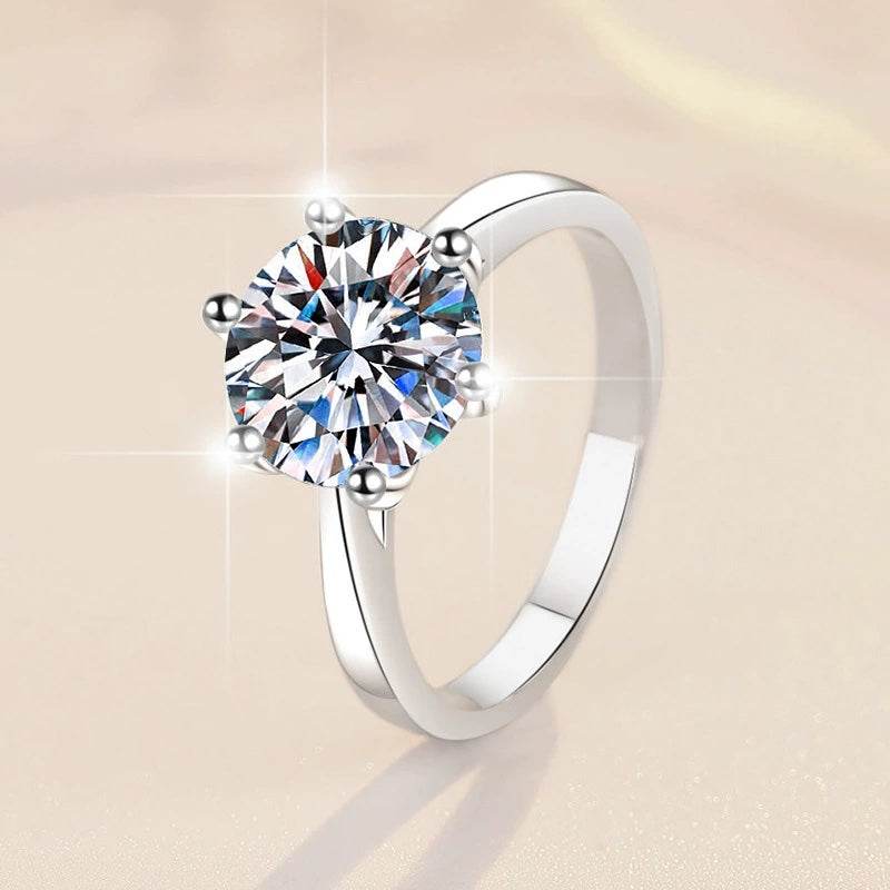 S925 Classic 6-Prong Moissanite Engagement Ring, 0.5–3ct Round Cut D-Grade VVS Certified Solitaire, Sterling Silver Wedding Gift for Her Him