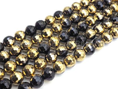NEW!!! Natural Half Gold Plated Black Onyx Beads, 8mm/10mm/12mm Round Faceted Gold Black Onyx Beads, 15.5 Full Strand, sku# UA87