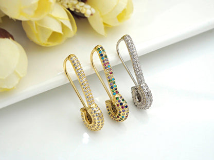 CZ Pave Safety Pin Dangle Earrings, X150