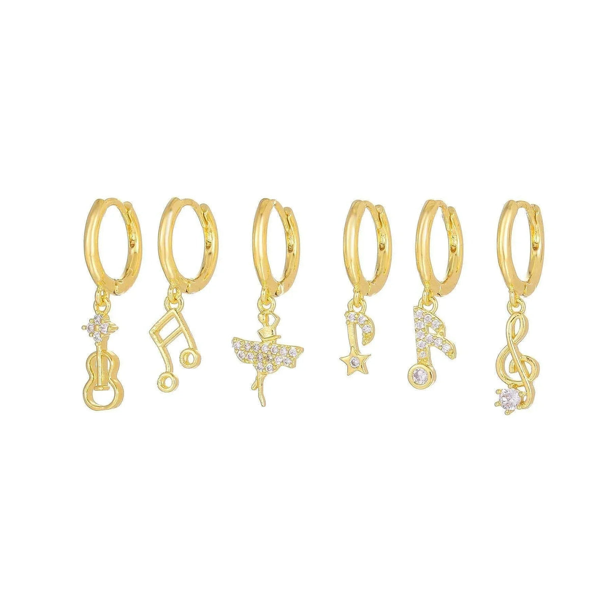 Stacking 6 Pieces Melody Charm Notes Earring Set, 18k Gold Hoop with Drops, S925 Needle, Stacked Lobe Designs with Dazzling Zirconia