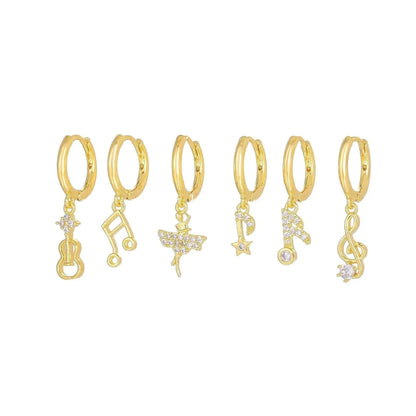 Stacking 6 Pieces Melody Charm Notes Earring Set, 18k Gold Hoop with Drops, S925 Needle, Stacked Lobe Designs with Dazzling Zirconia
