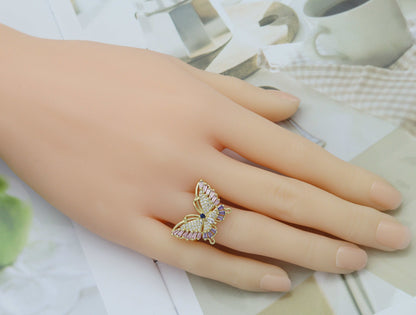 Baguette CZ Gold Butterfly Statement Ring, Sku#LD327